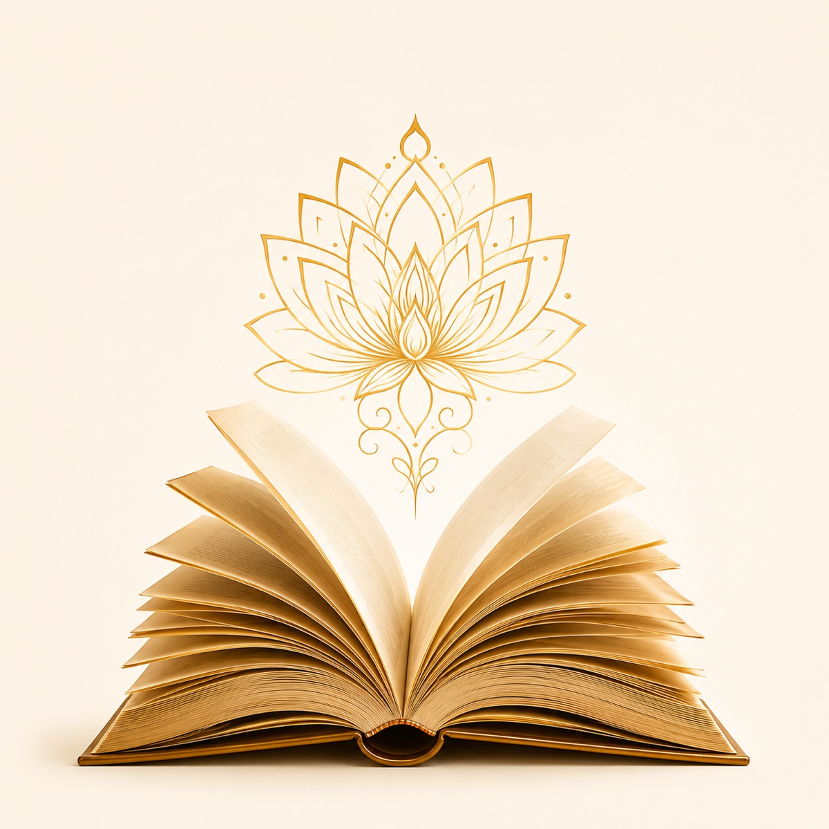 An open book beneath a golden lotus